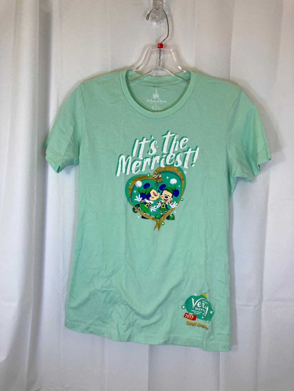 Disney Very Merry Christmas Party Shirt Sz L Green Short Sleeve Glitter 2017